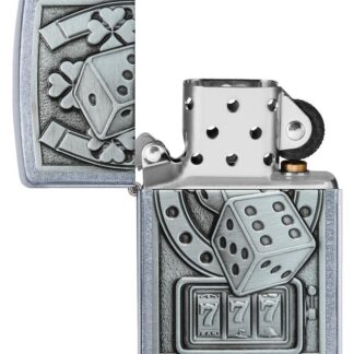 Lucky 7 Emblem Street Chromeâ„¢ Windproof Lighter with its lid open and unlit