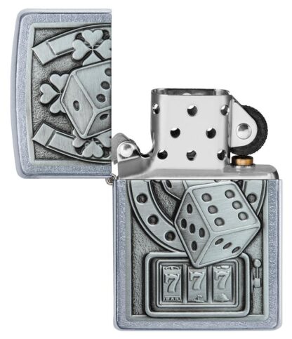 Lucky 7 Emblem Street Chromeâ„¢ Windproof Lighter with its lid open and unlit