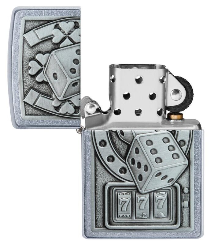 Lucky 7 Emblem Street Chromeâ„¢ Windproof Lighter with its lid open and unlit