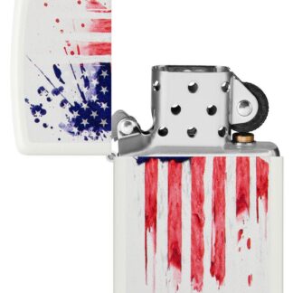 US Flag Design White Matte Windproof Lighter with its lid open and unlit.