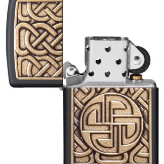 Norse Emblem Design Black Matte Windproof Lighter with tis lid open and unlit