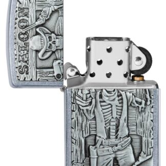 Saloon Skull Emblem Street Chromeâ„¢ Windproof Lighter with its lid open and unlit