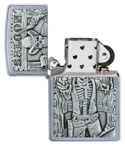 Saloon Skull Emblem Street Chromeâ„¢ Windproof Lighter with its lid open and unlit