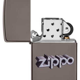 Zippo 3D Logo Design Black IceÂ® Windproof Lighter with its lid open and unlit