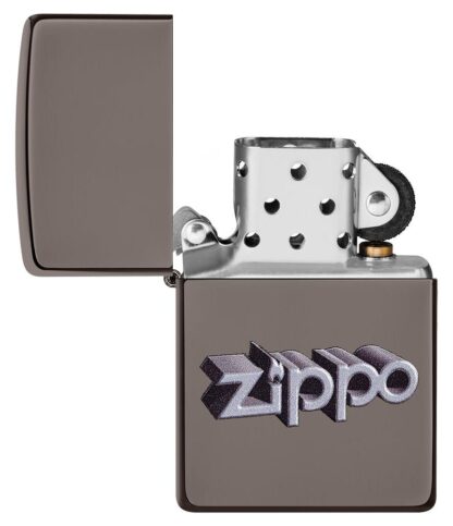 Zippo 3D Logo Design Black IceÂ® Windproof Lighter with its lid open and unlit