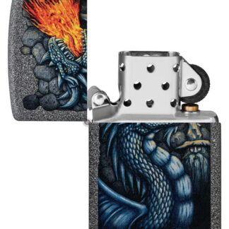 Fiery Dragon Design Iron Stone Windproof Lighter with its lid open and unlit.