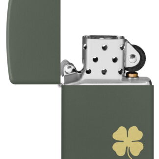 Four Leaf Clover Green Matte Windproof Lighter with its lid open and unlit.
