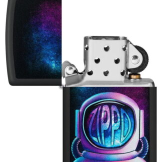 Zippo Astronaut Design Black Matte Windproof Lighter with its lid open and unlit.