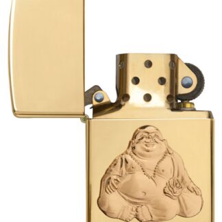 Laughing Buddha Emblem High Polish Brass Windproof Lighter with its lid open and unlit.