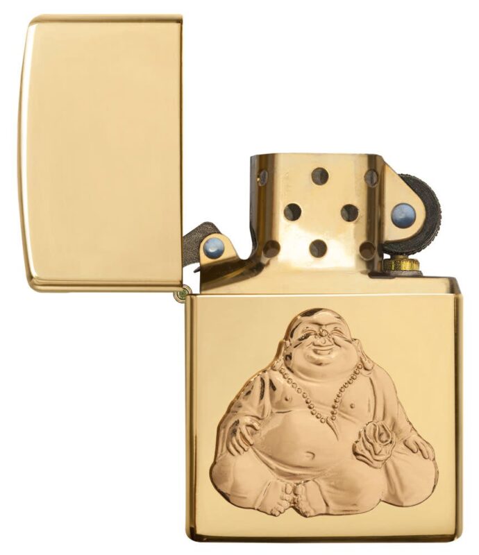 Laughing Buddha Emblem High Polish Brass Windproof Lighter with its lid open and unlit.